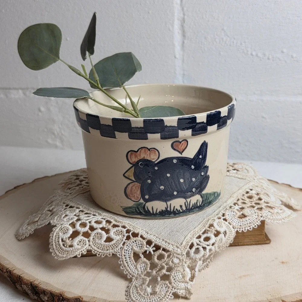 Vintage Alpine Pottery Hand-Painted Rooster Stoneware Crock Small Checkered